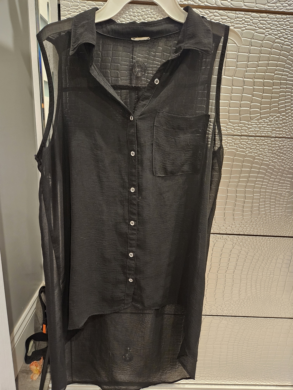 Women’s Sleeveless Button-Front Sheer Tunic Top - Black
